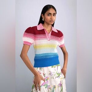 NWT Banjanan LILY POLO BLOOM OMBRE Short Sleeve Knit Sweater Blouse Medium